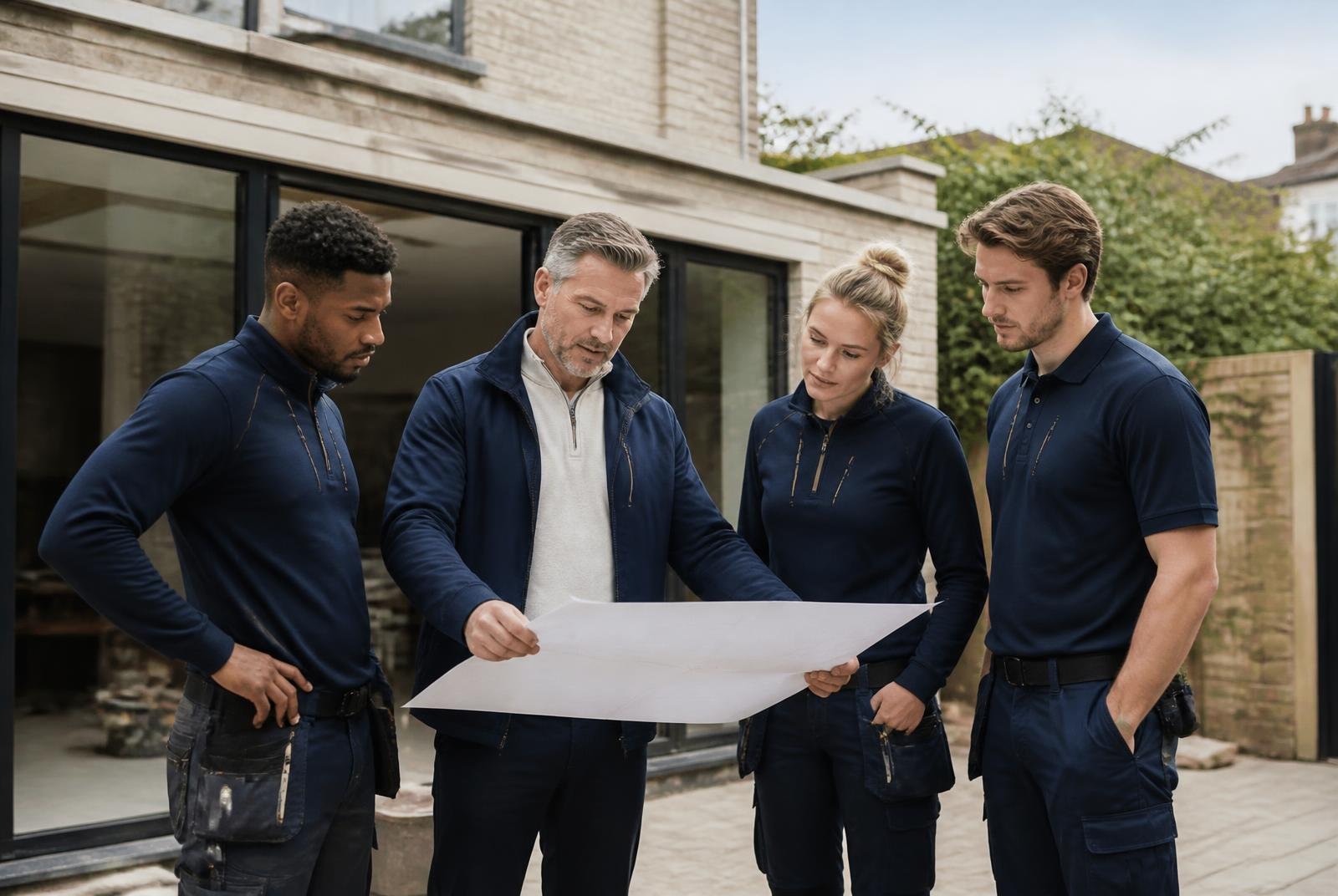 Devkrupa construction team reviewing plans at a UK home extension